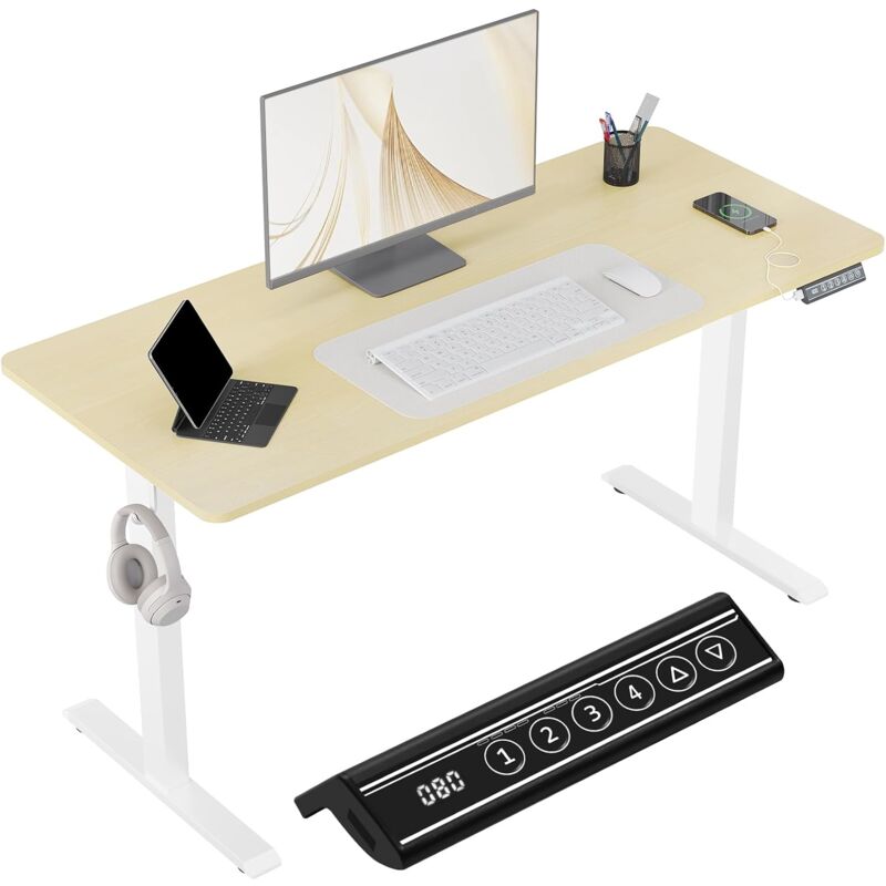 foto del prodotto woltu scrivania regolabile in altezza 72 120cm con piano 140x60cm, scrivania ergonomica, scrivania elettrico colore legno originale bianco