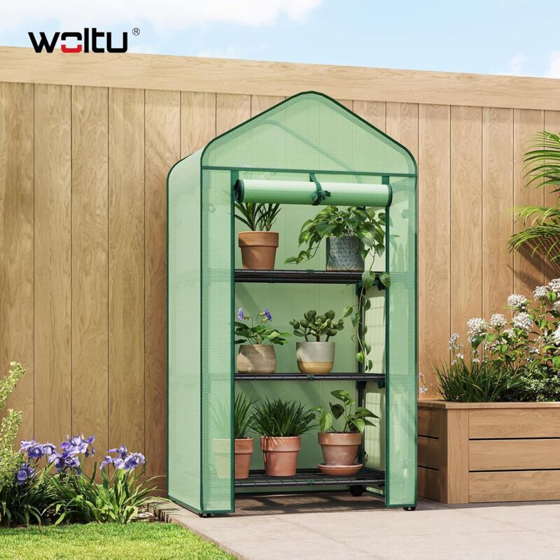 foto del prodotto woltu serra da giardino in pe con ruote per piante di ortaggi a 3 livelli 140 g m protegge le tue piante 70x50x131cm, verde