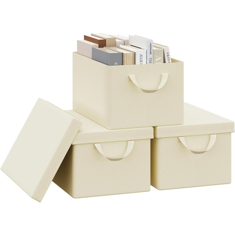 foto del prodotto woltu set 3 scatole portaoggetti box pieghevole cestino contenitore cesta con maniglie in tessuto crema 20l