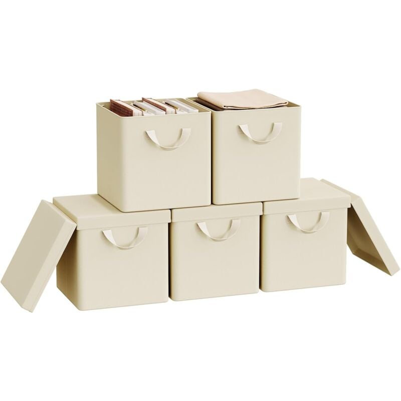 foto del prodotto woltu set 5 scatole portaoggetti box pieghevole cestino contenitore cesta con maniglie in tessuto crema 18l