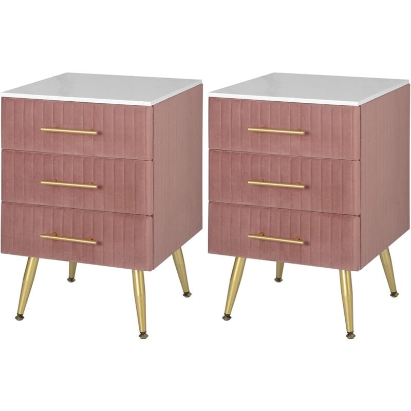 foto del prodotto woltu set di 2 comodino camera da letto in velluto con tre cassetti. cassettiera in legno. organizzatore da letto. gambe in metallo. bianco e rosa