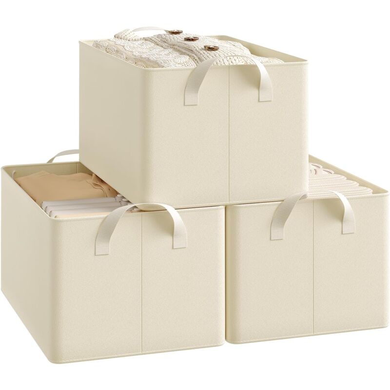 foto del prodotto woltu set di 3 scatole portaoggetti pieghevoli, contenitori in tessuto con manici, 47x28x20 cm, crema