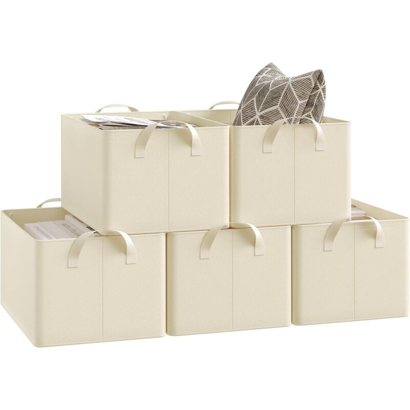 foto del prodotto woltu set di 5 scatole portaoggetti pieghevoli, contenitori in tessuto con manici, 47x28x20 cm, crema