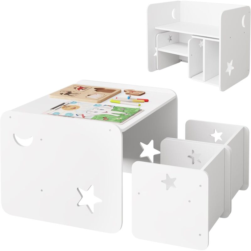 foto del prodotto woltu set tavoli per bambini in legno tavolino bambini, sgabelli, scrivania tavolino multiuso, bianco