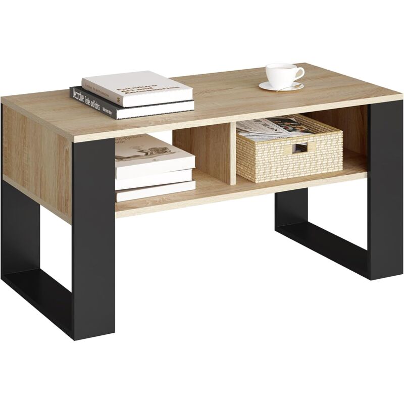 foto del prodotto woltu tavolino da caff con 2 scomparti aperti tavolino da salotto rovere chiaro nero, 90x45x45cm