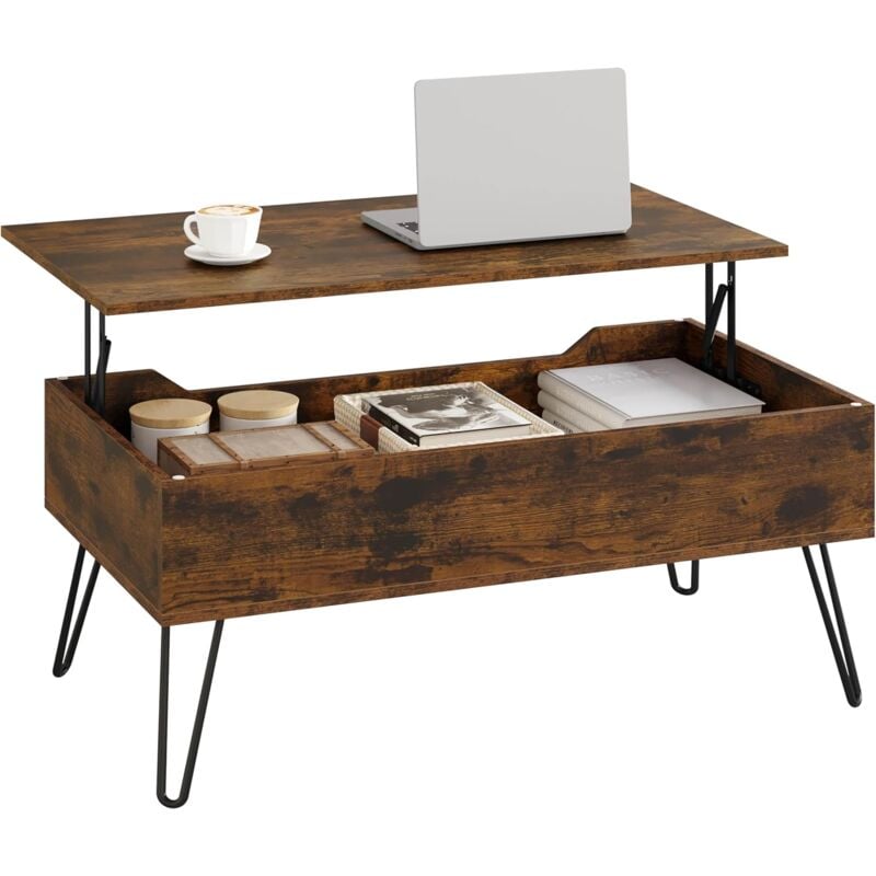 foto del prodotto woltu tavolino da caffe sollevabile 95x50x 40 55,5 cm con scomparto nascosto, marrone rustico nero