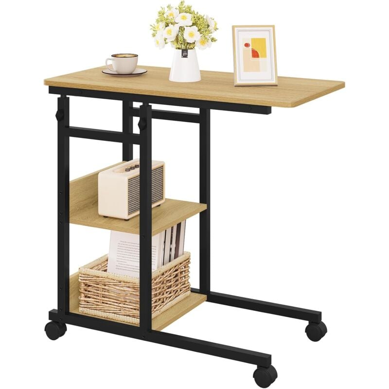 foto del prodotto woltu tavolino salotto moderno lato divano da caff forma c in in legno e metallo, rovere chiaro nero
