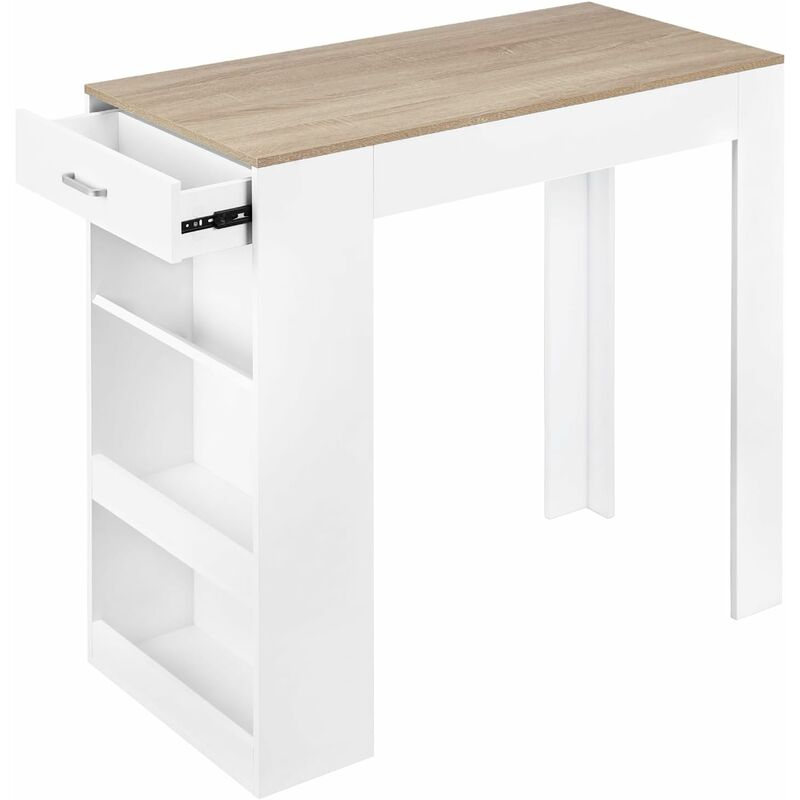 foto del prodotto woltu tavolo da bar con 1 cassetto e 3 ripiani,bancone stile bar,tavolo cucina, bianco rovere chiaro
