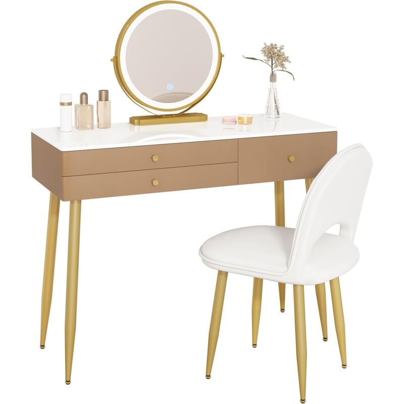 foto del prodotto woltu toeletta da trucco con sgabello e specchio led. postazione make up con luci regolabili. 3 cassetti. sedia in velluto con schienale. in legno e
