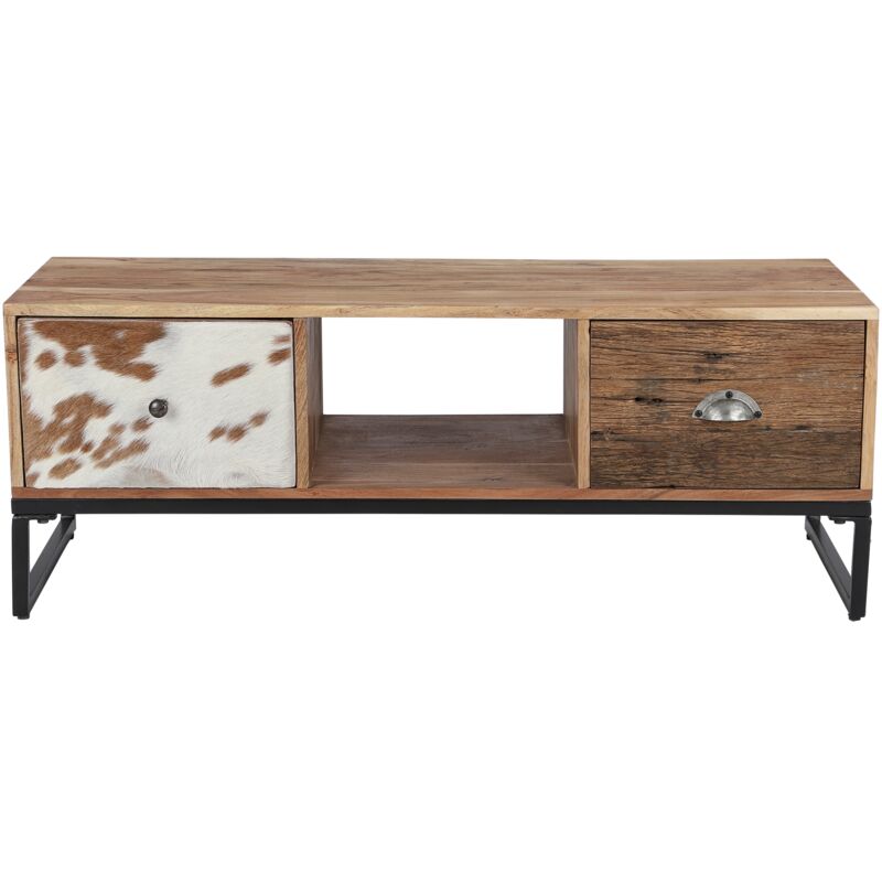 foto del prodotto womo design tavolo basso taipei con 2 cassetti 110x50x40 cm in legno massello di acacia traversina e pelle gambe in metallo design vintage