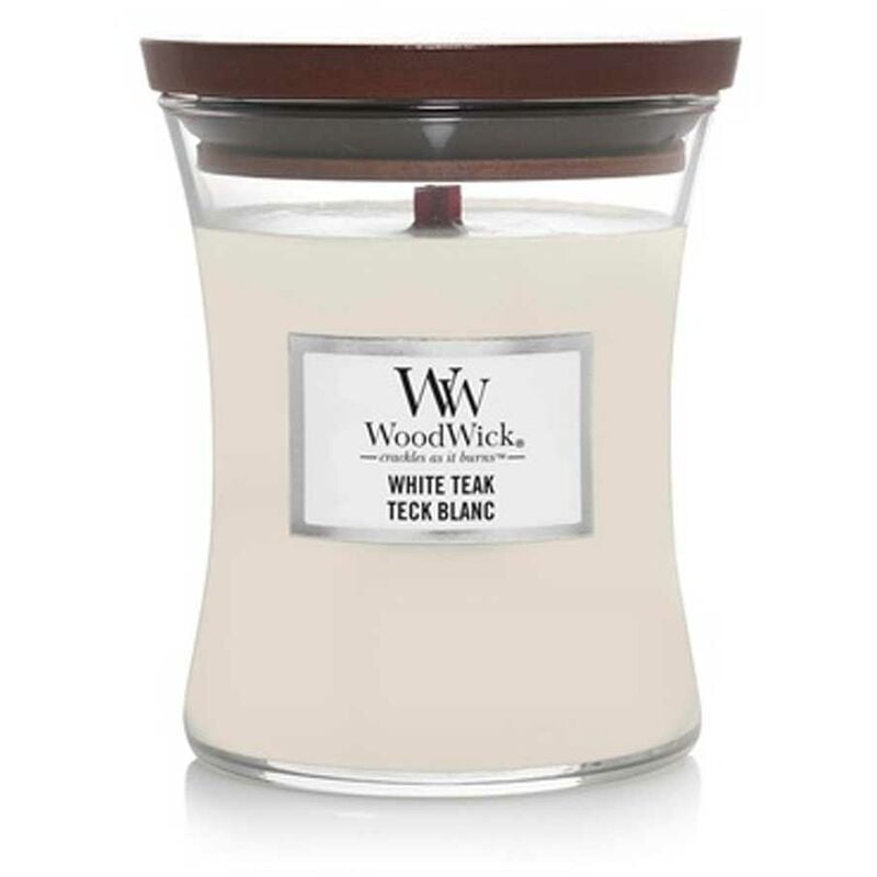 foto del prodotto woodwick - candela media con stoppino scoppiettante white teak 60 ore