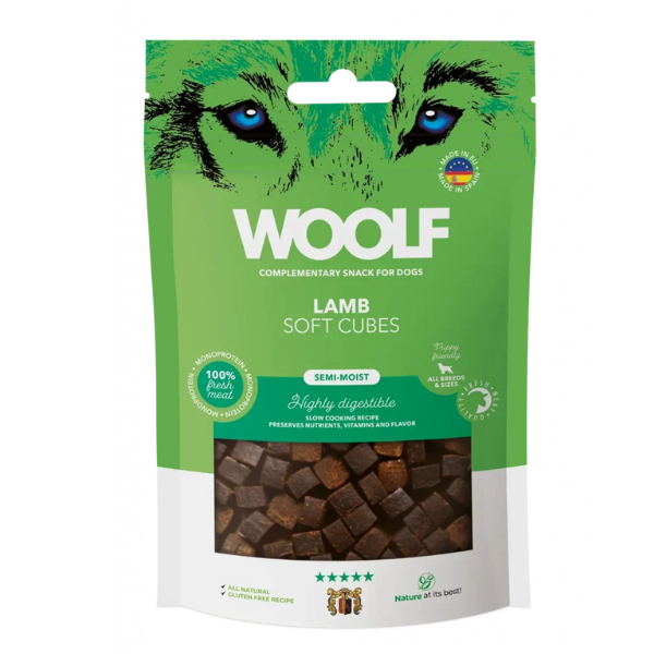 foto del prodotto woolf soft cubes snack per cani monoproteici 100 gr agnello 1 ordine scegli lo sconto bzr5 bzr20 200 punti fedelt 