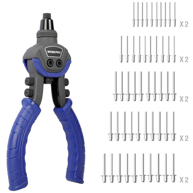 foto del prodotto workpro rivettatrice manuale de 10 pollici, rivettatrice pesante con 5 teste intercambiabili 5 nasi e 100 rivetti, set de 5 in 1 rivettatrici