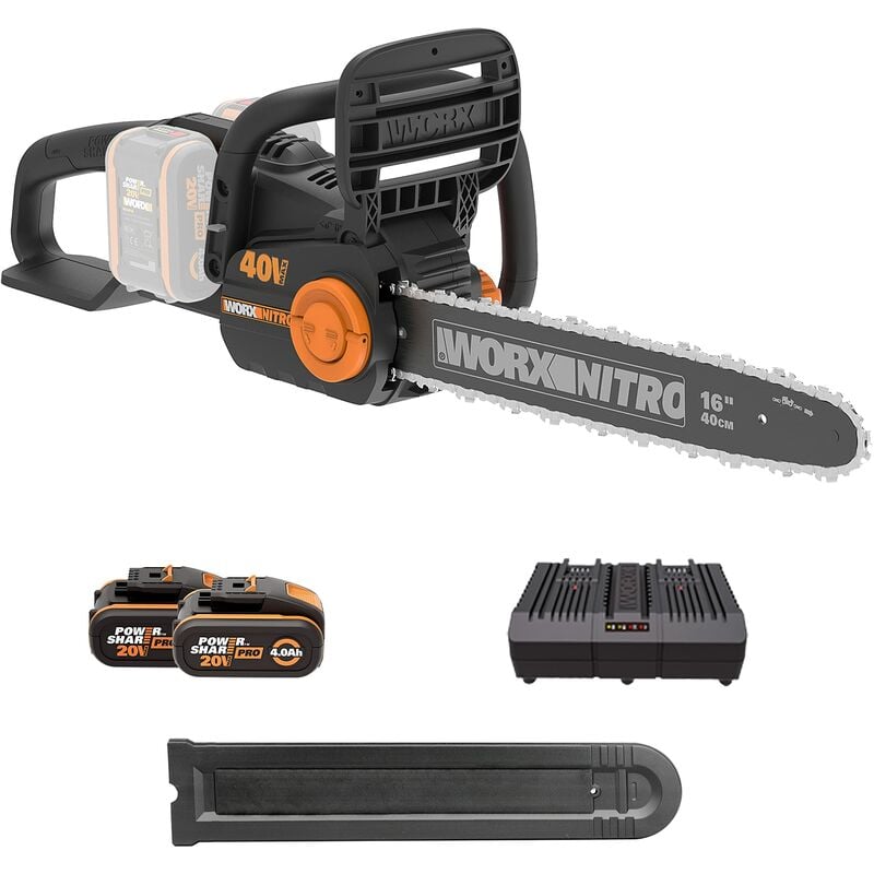 foto del prodotto worx elettrosega nitro a batteria 40v wg385e powershare include 2 batterie da 2 ah e caricatore doppio 40 cm di barra lubrificazione automatica