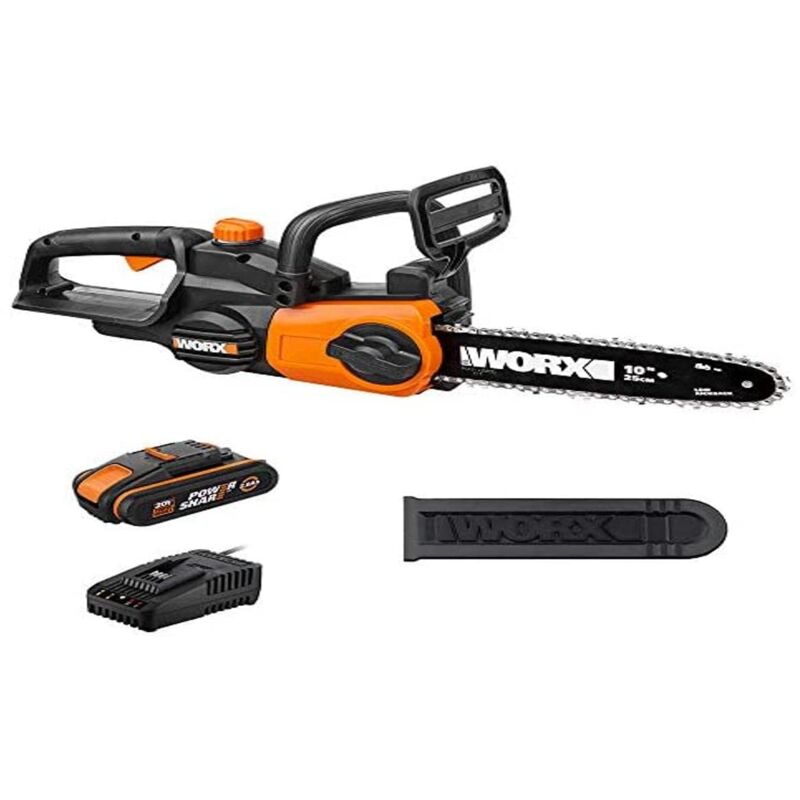 foto del prodotto worx motosega a batteria wg322e.1, 18 v 20 v max , 2,0 ah, powershare, lunghezza di taglio 25 cm e tensione automatica della catena, copertura per