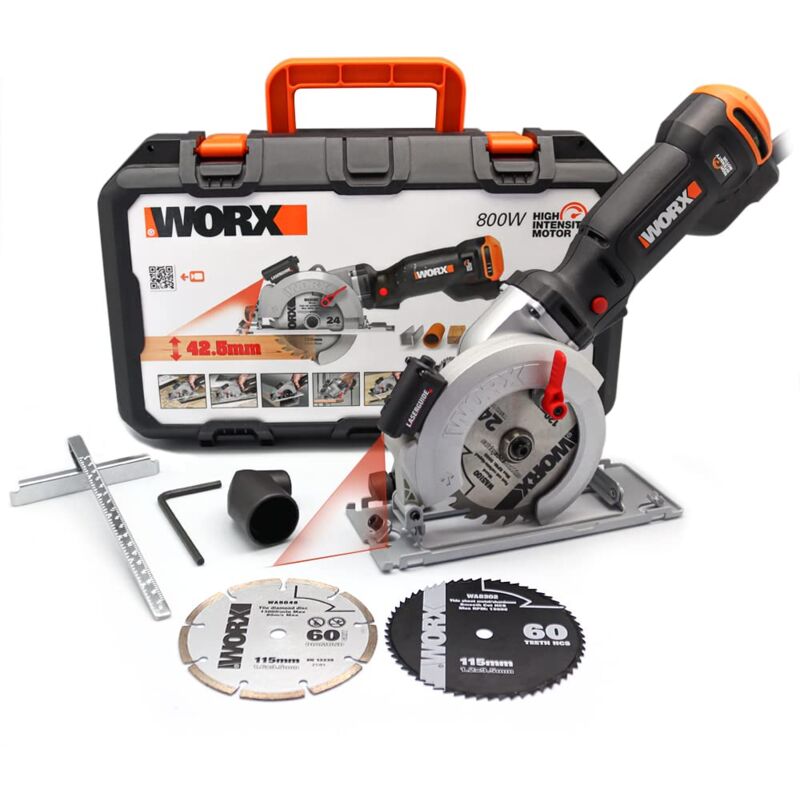 foto del prodotto worx sega circolare 800w saw profondit di taglio fino a 43mm ideale per legno, metallo, plastica, pietra wx437 fornita con accessori, guida