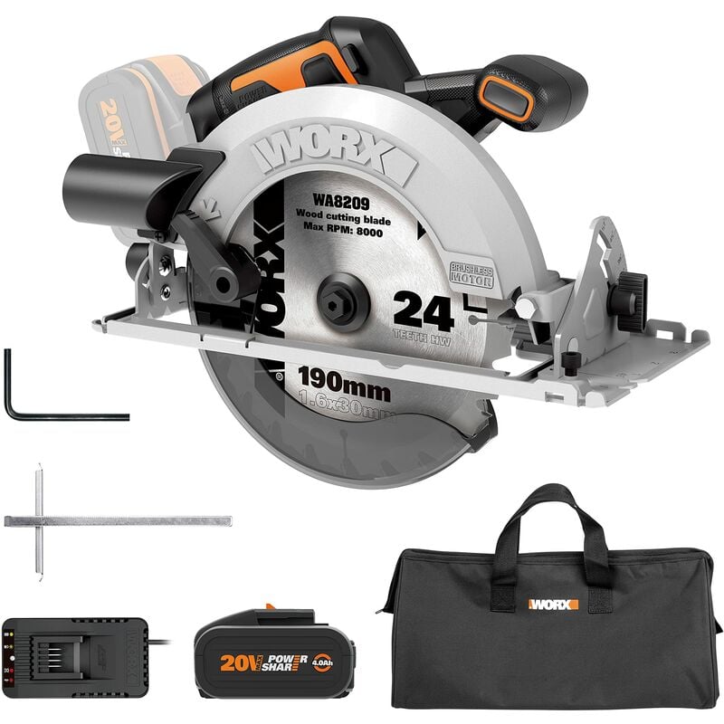 foto del prodotto worx sega circolare brushless 20v powershare wx520 include 1 batteria 4ah e caricatore motore brushless taglio a lunetta base in alluminio