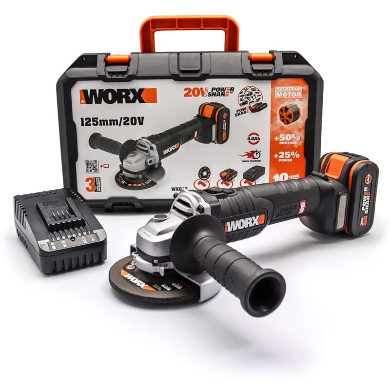 foto del prodotto worx smerigliatrice brushless a batteria 125 mm 20 v powershare wx812 include 1 batteria 4 ah, caricatore e valigetta motore brushless corpo
