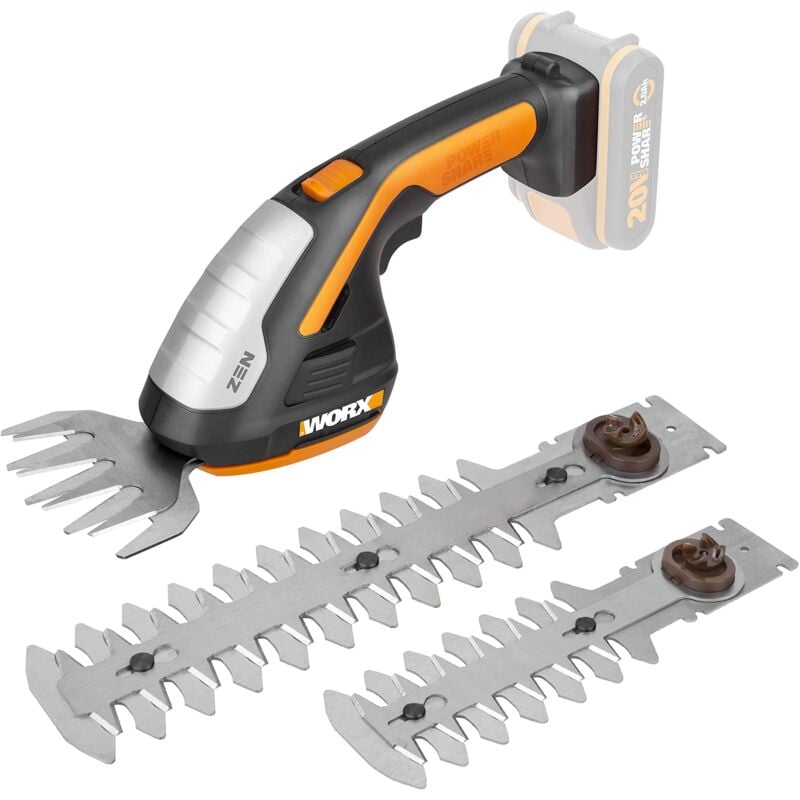 foto del prodotto worx wg801e.9 forbici per erba e decespugliatore a batteria 20v, con 3 lame intercambiabili, 36w solo corpo macchina