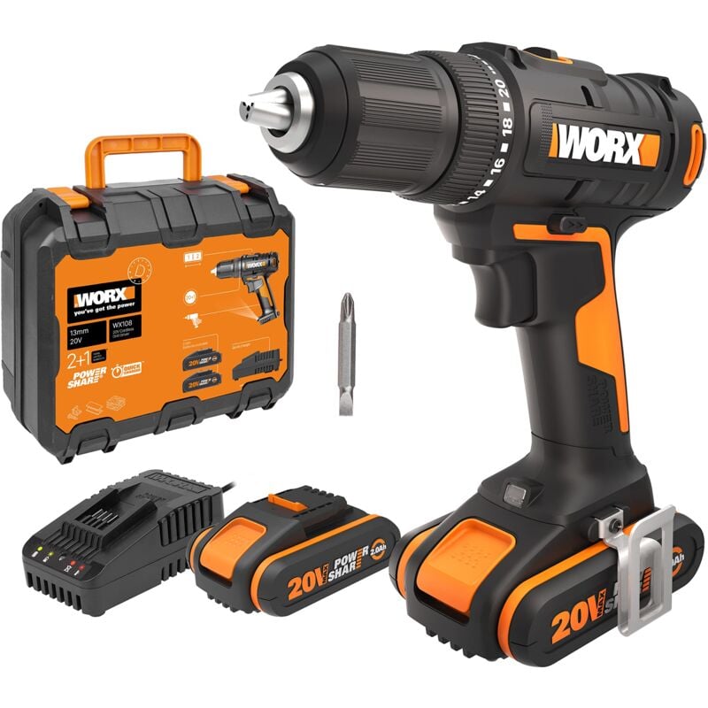foto del prodotto worx wx108 trapano avvitatore a batteria da 20 v, avvitatore multiuso per forare e avvitare, gamma di velocit a due stadi e regolazione della