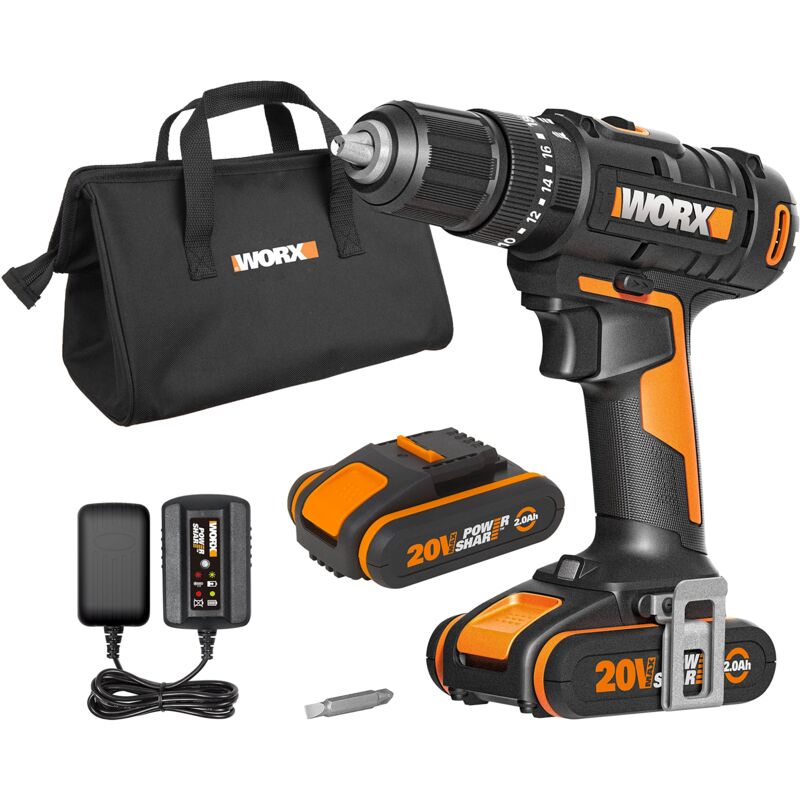 foto del prodotto worx wx370.1 trapano avvitatore a percussione a batteria, 20 v, 50 nm, 2 marce e luce led, per avvitare, forare e trapano a percussione, 2
