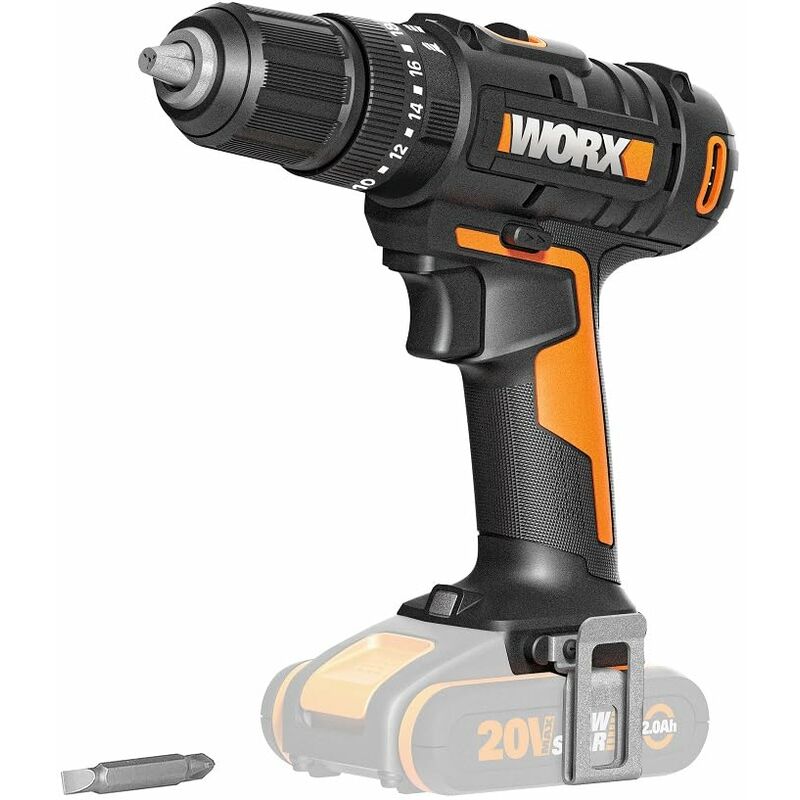 foto del prodotto worx wx370.9 trapano avvitatore a percussione a batteria, 20 v, 50 nm, 2 marce e luce led, per avvitare, forare e trapano a percussione, 20