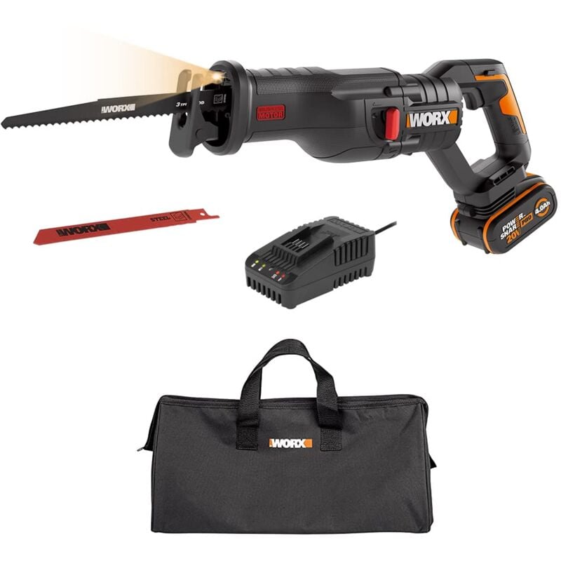foto del prodotto worx wx516 sega a sciabola a batteria da 20 v, motore senza spazzole, con batteria powershare da 4000 mah e caricatore, cambio rapido della lama,