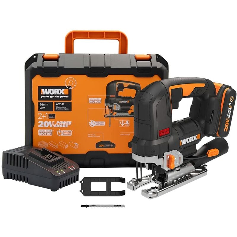 foto del prodotto worx wx542, seghetto alternativo a batteria, 20 v, motore senza spazzole, con adattatore di aspirazione, ideale anche per tagli obliqui,