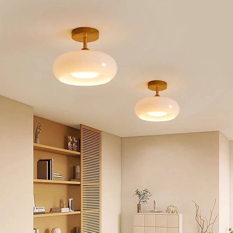foto del prodotto wottes e27 plafoniera vintage lampada da soffitto vetro legno luce di soffitto rotondo color crema 2pcs