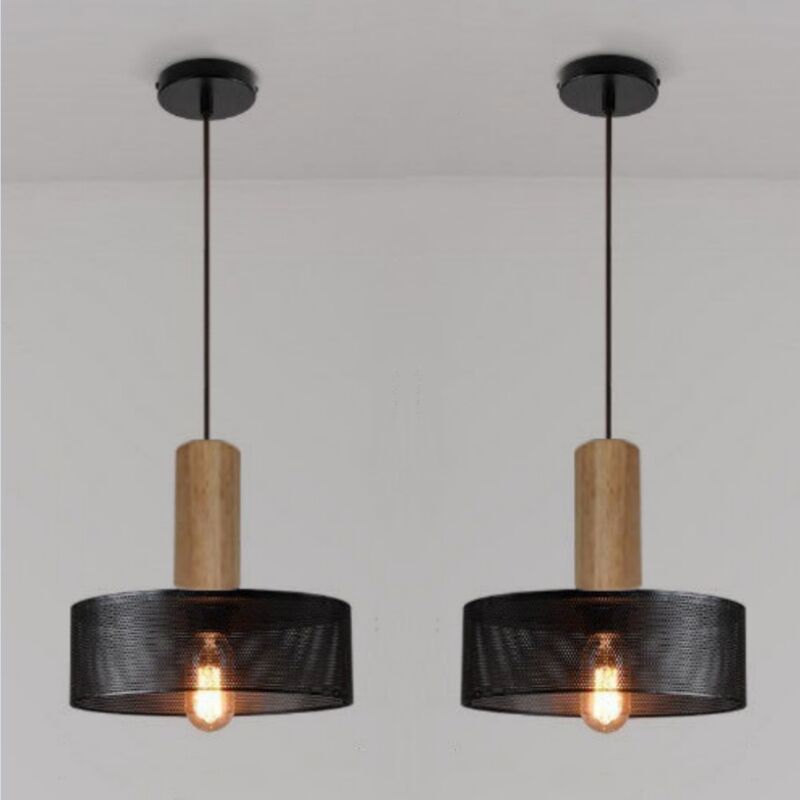 foto del prodotto wottes lampada a sospensione industriale retr lampadario da soffitto metallo legno plafoniera interna 25cm 2 pezzi