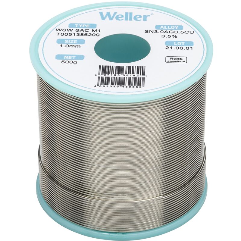 foto del prodotto wsw sac m1 t0051386299 filo saldante, 1.0mm, 500g, lega sn96.5ag3.0cu0.5, contenuto di fondente 3,5 weller