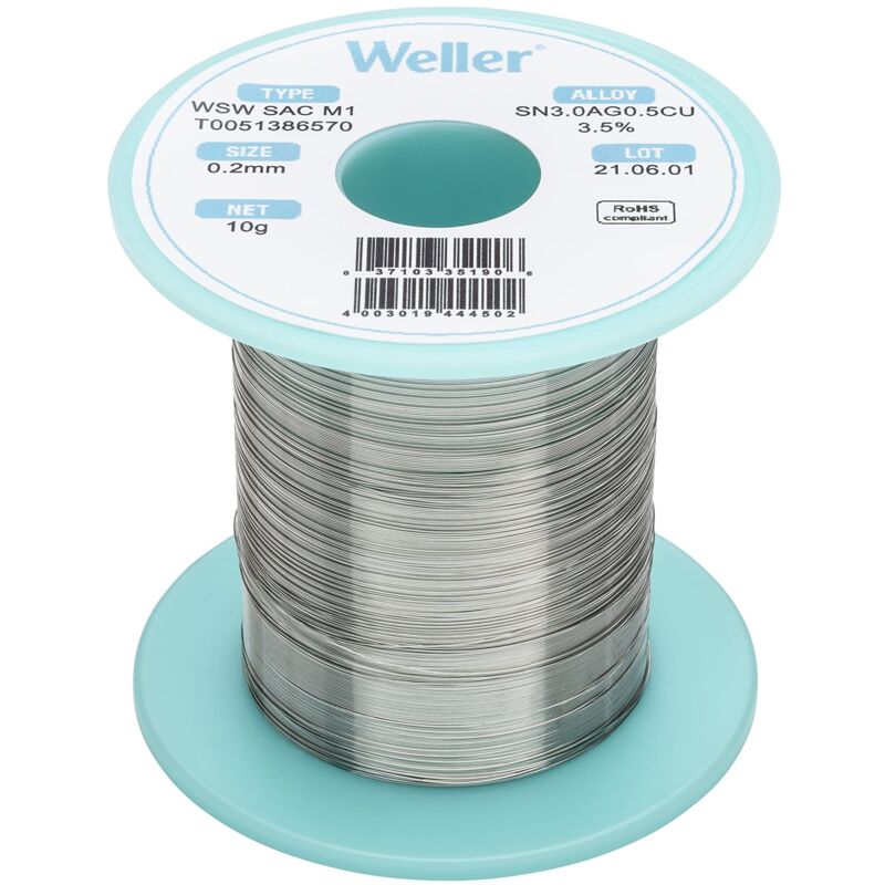 foto del prodotto wsw sac m1 t0051386570 filo saldante, 0.2mm, 10g, lega sn96.5ag3.0cu0.5, contenuto di fondente 3,5 , silver weller