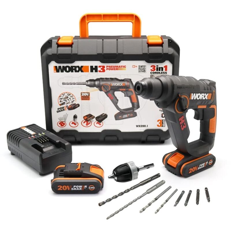 foto del prodotto wx390.1 h3 martello pneumatico, trapano e avvitatore 20v - 2 batterie da 20v da 2,0ah li-ion - worx