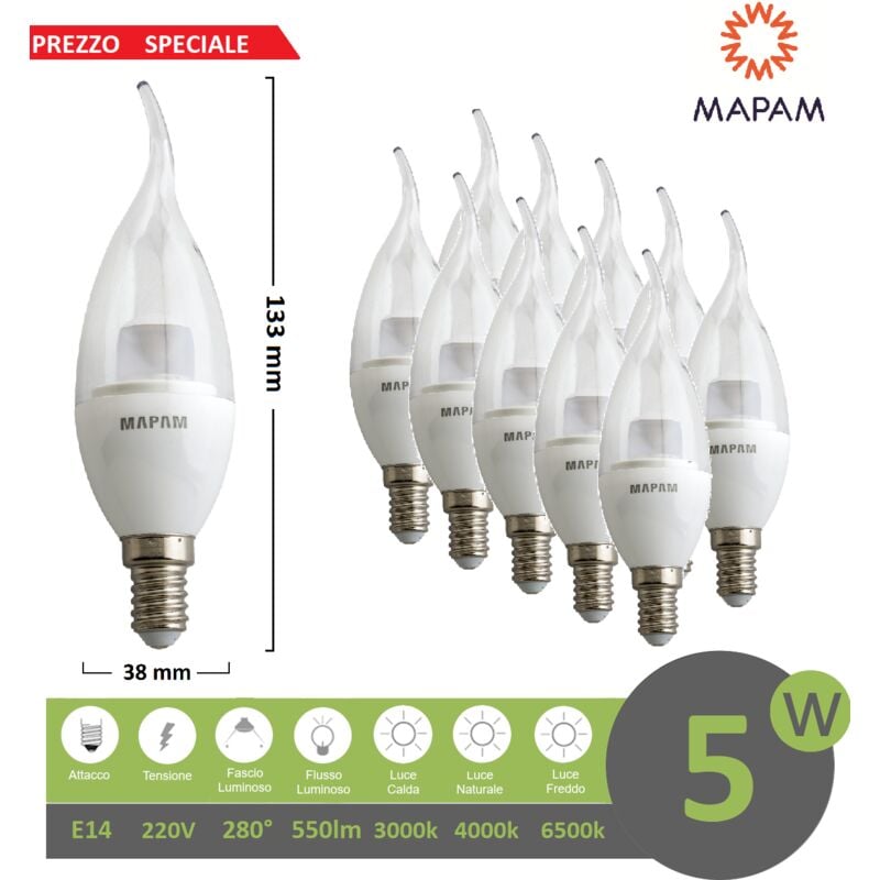 foto del prodotto x10 lampadina led 5w e14 candela trasparente attacco piccolo luce bianco naturale calda mapam luce fredda
