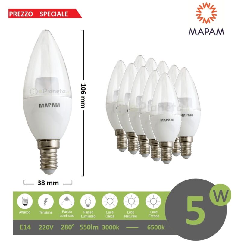 foto del prodotto x10 lampadina led 5w e14 oliva trasparente attacco piccolo luce bianco calda mapam luce fredda