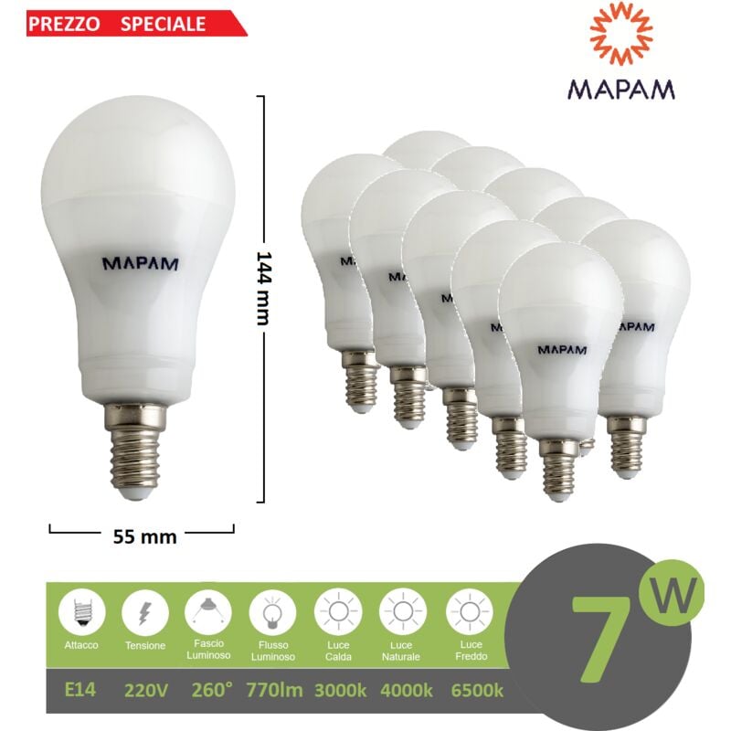 foto del prodotto x10 lampadina led e14 bulbo a55 7w attacco piccolo luce bianca naturale calda mapam luce fredda