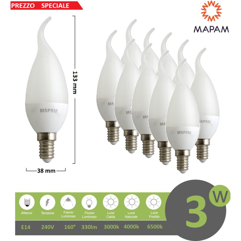 foto del prodotto x10 lampadina led e14 candela opaca 3w attacco piccolo luce bianca naturale calda mapam naturale 4000k