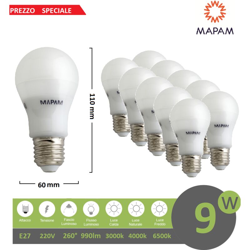 foto del prodotto x10 lampadina led e27 bulbo a60 9w attacco grande globo luce bianca naturale calda mapam luce naturale