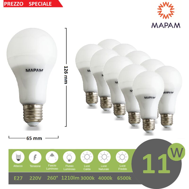 foto del prodotto x10 lampadina led e27 bulbo a65 11w attacco grande luce calda 3000k mapam