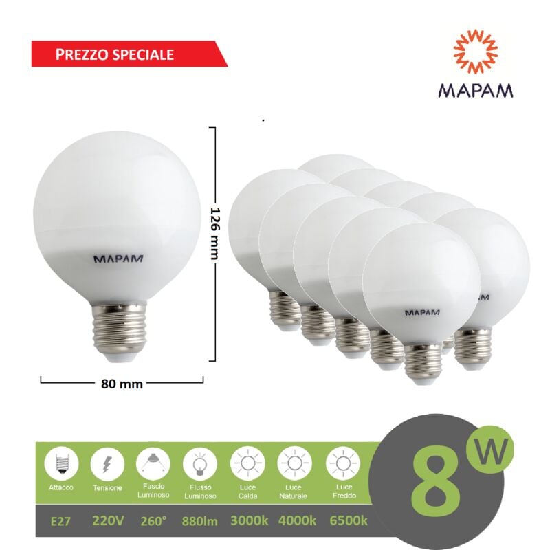 foto del prodotto x10 lampadina led e27 globo g80 8w luce fredda naturale calda bulbo sfera palla mapam luce calda