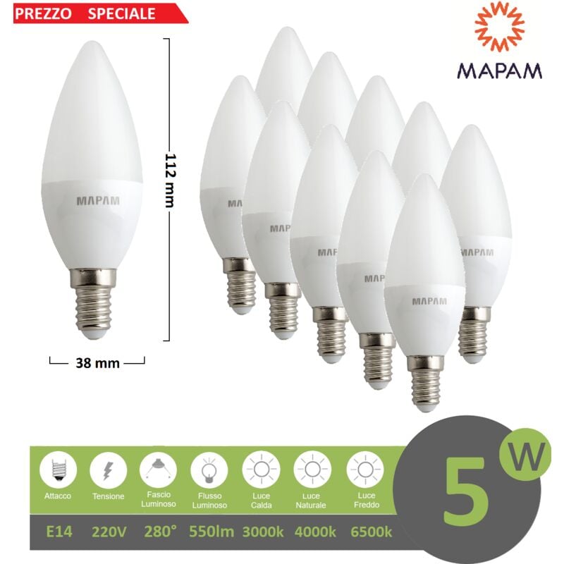 foto del prodotto x10 lampadina led oliva e14 5w attacco piccolo opaco satinato luce calda mapam