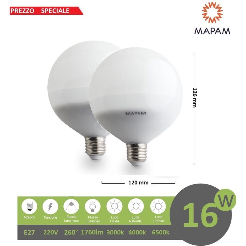 foto del prodotto x2 lampadina led e27 globo g120 16w attacco grande luce bianca naturale calda mapam palla sfera luce naturale