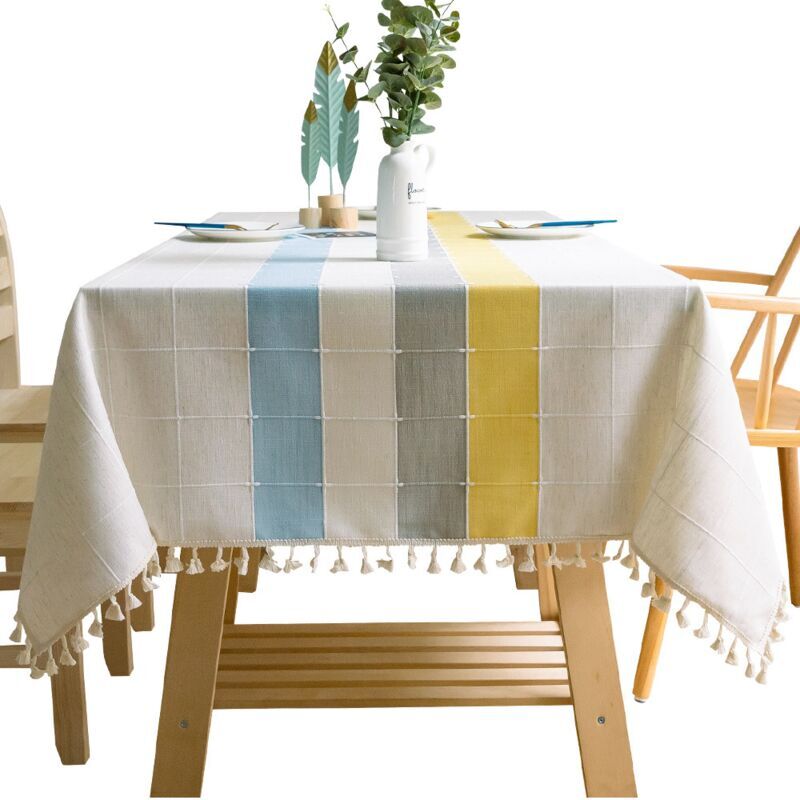 foto del prodotto xvx 1 tovaglia in cotone e lino 60 x 60 cm, blu, grigio e giallo , tinta unita, a quadri, con nappe e ricami, ideale come decorazione per il