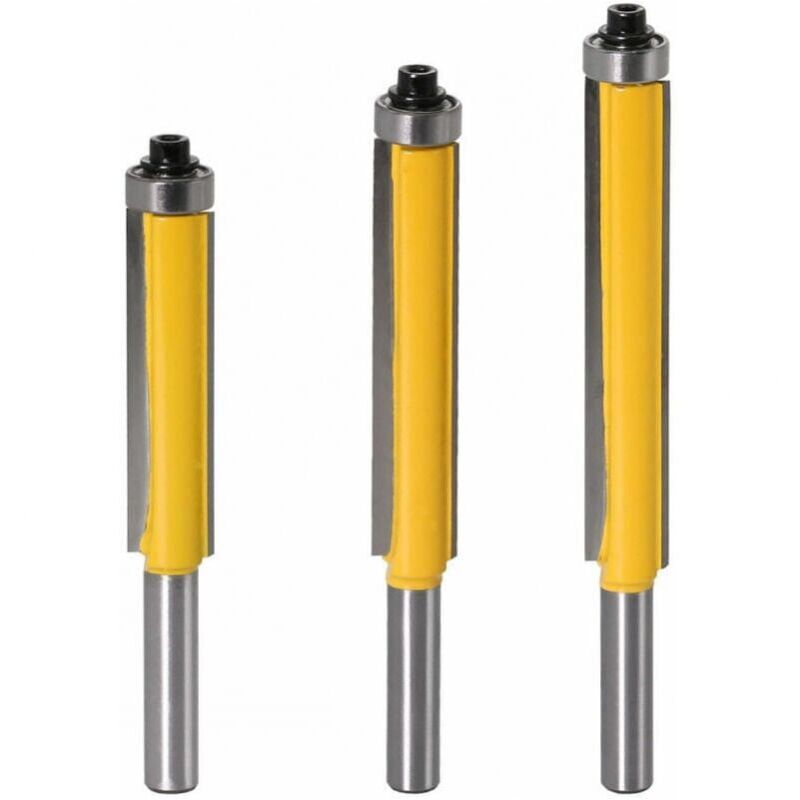 foto del prodotto xvx 3 frese per rifilatura a filo con gambo da 8 mm, frese per copiatura con cuscinetto superiore, frese extra lunghe per lavorazione del legno