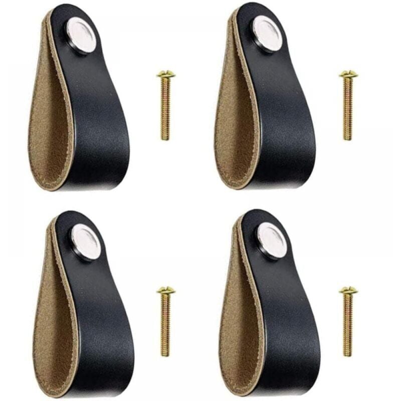 foto del prodotto xvx 4 pomelli in pelle per cassetti, pomelli in pelle nera con viti per mobili da cucina, credenze, cassettiere, porte e ferramenta