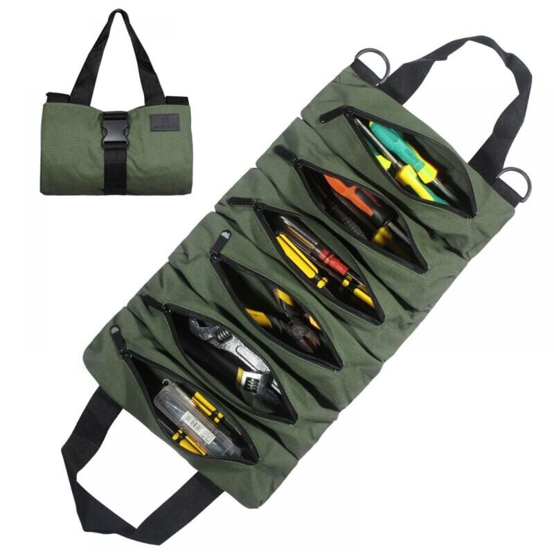 foto del prodotto xvx borsa portautensili arrotolabile portatile multifunzionale verde in tela con 6 tasche con cerniera, adatta per l uso domestico quotidiano,