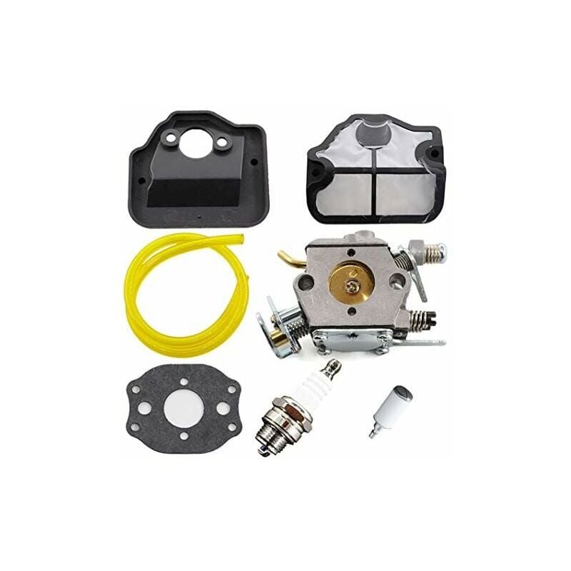 foto del prodotto xvx carburatore di ricambio per motoseghe husqvarna 36, 41, 136, 137, 141, 142, include candela e kit filtro aria, sostituisce i numeri 530071987,