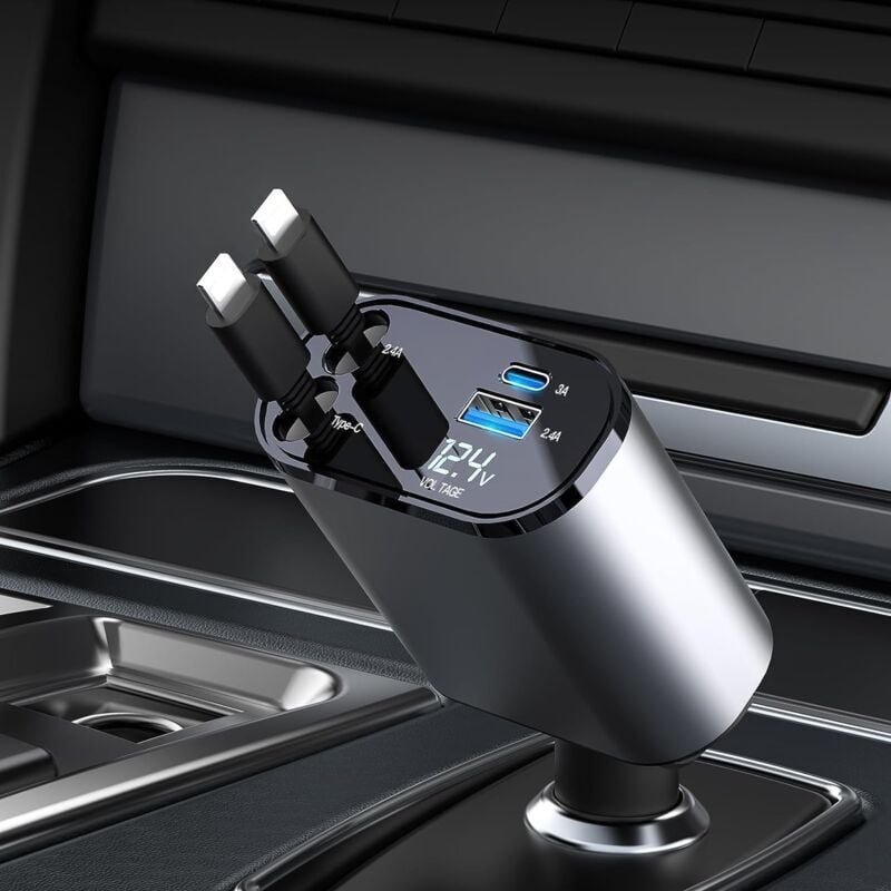 foto del prodotto xvx caricabatterie da auto retrattile da 60 w, caricabatterie per telefono 4 in 1, cavo di ricarica rapida e adattatore per auto con 2 porte usb