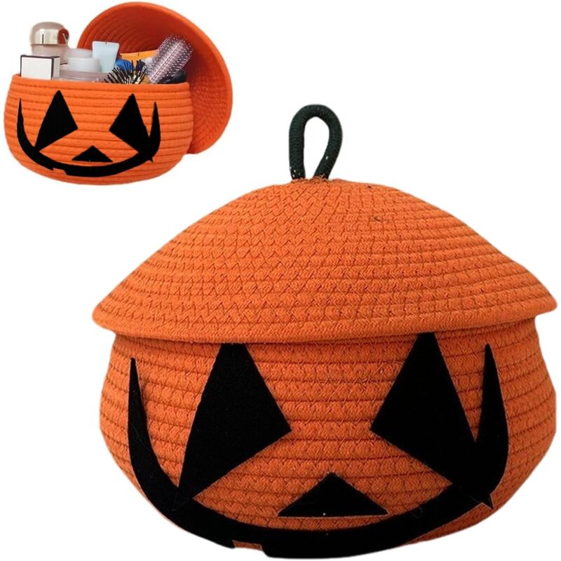 foto del prodotto xvx cesto di zucca con coperchio, contenitori per halloween con coperchio, cestino per caramelle di halloween, cestini intrecciati per riporre