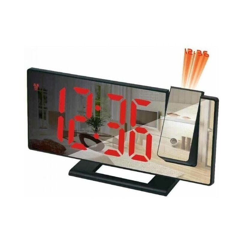 foto del prodotto xvx custodia nera con testo rosso sveglia con proiettore, sveglia con proiezione a 180 , display led a specchio, orologio digitale, porta usb,